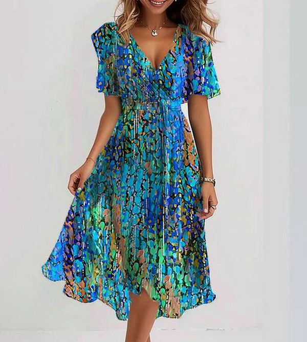 Clara™ - Blue Midi Dress with Short Sleeves