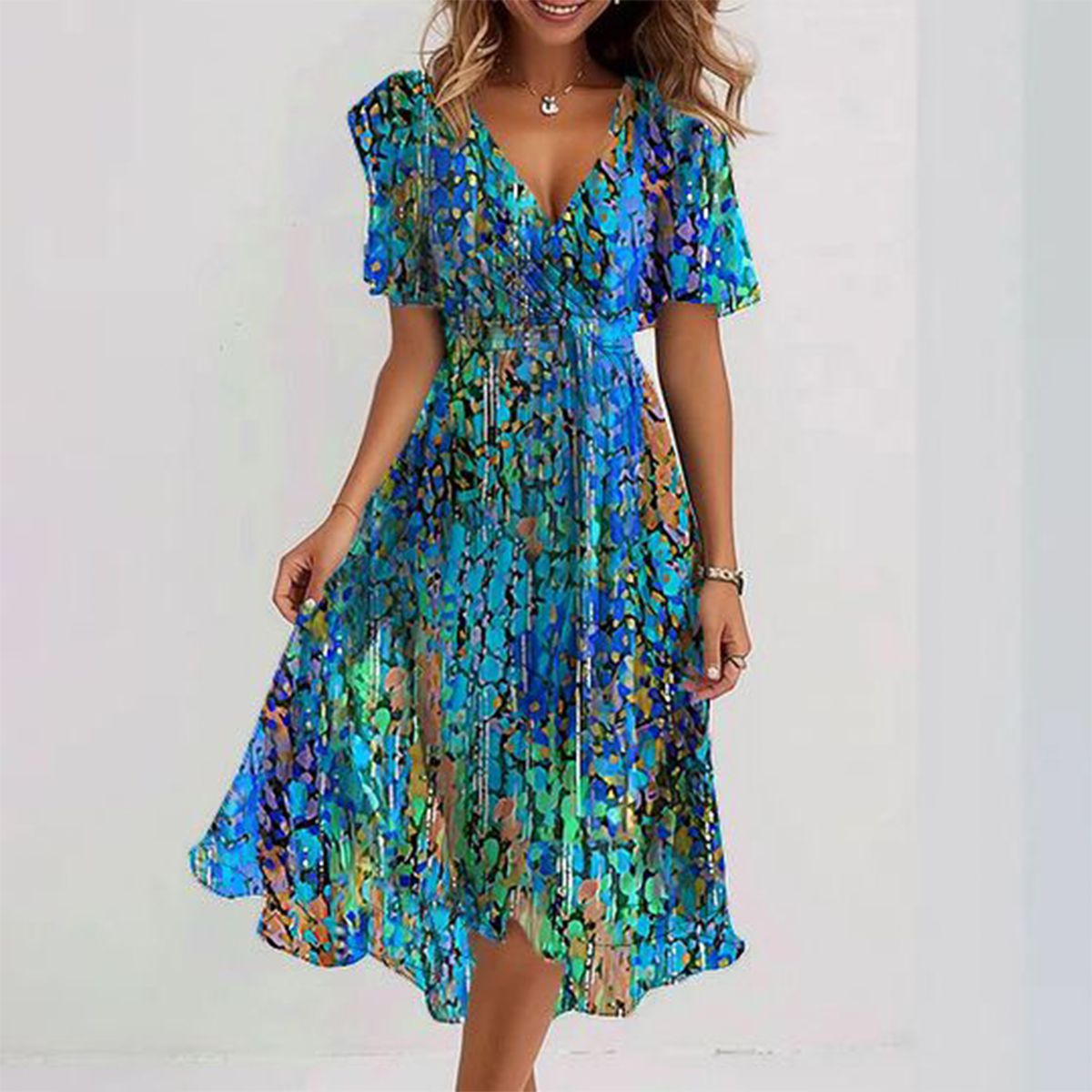 Clara™ - Blue Midi Dress with Short Sleeves